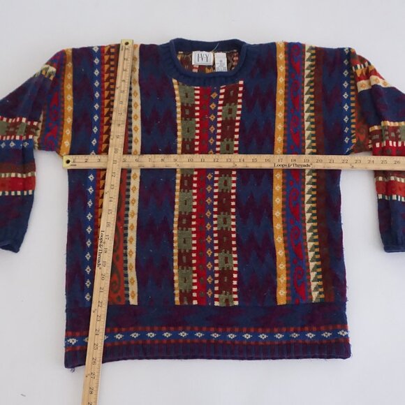 Vintage IVY Multi-Colour Pattern Knit Sweater Geometric Stripe Eclectic Coogie M - Picture 3 of 9